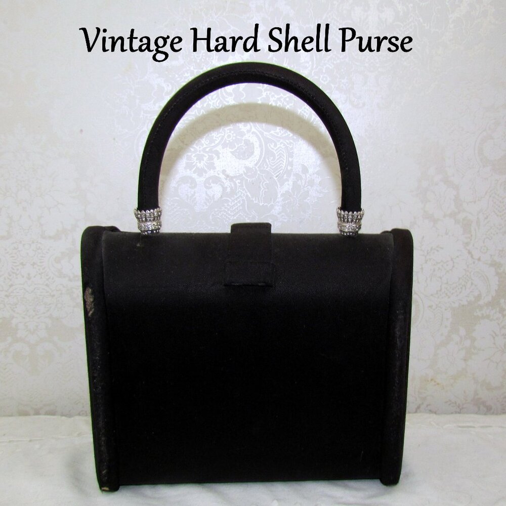 BLACK VINTAGE DORIAN HARD-SHELL HANDBAG, SILVER GLITTERY HANDLE BLING, SNAP SHUT
